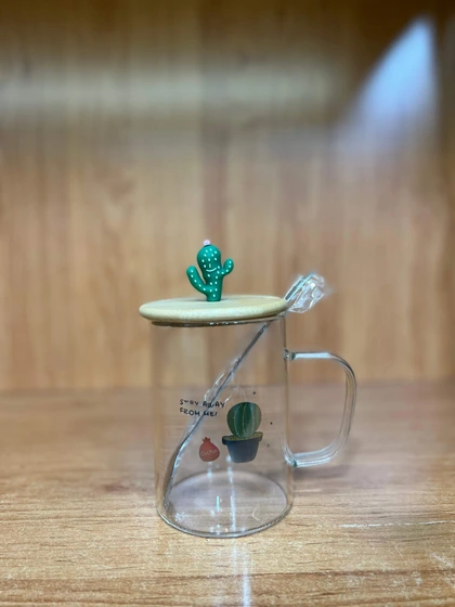 لیوان شیشه ای کاکتوس بامبوم با درب بامبو مدل آگیتا کد B1164